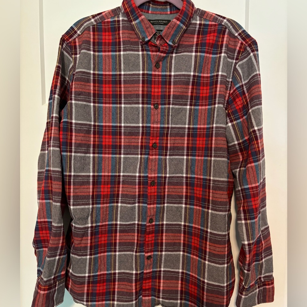 Banana Republic Red Plaid Flannel Long Sleeve‎ Button Up Shirt Size L Cotton
